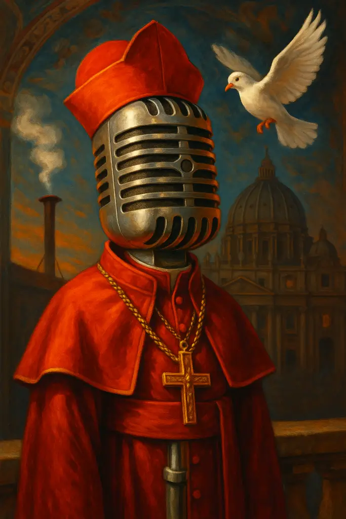 Micrófono vintage estilo Shure vestido como cardenal católico frente a la Capilla Sixtina con humo blanco y una paloma blanca descendiendo.