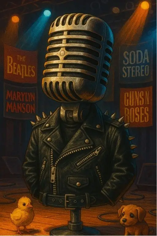 Stylized vintage microphone in leather rock jacket on concert stage with chick and puppy