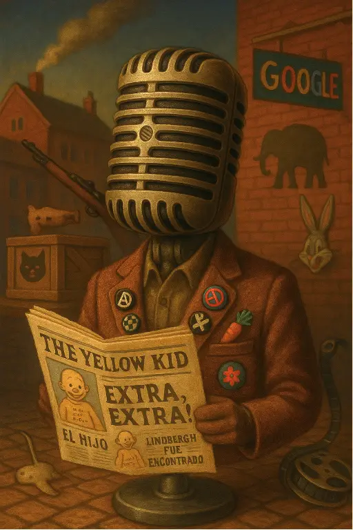 Vintage-style microphone dressed in punk skinhead fashion reading a newspaper featuring “The Yellow Kid” on a bright 1960s London street, with hidden symbolic elements.